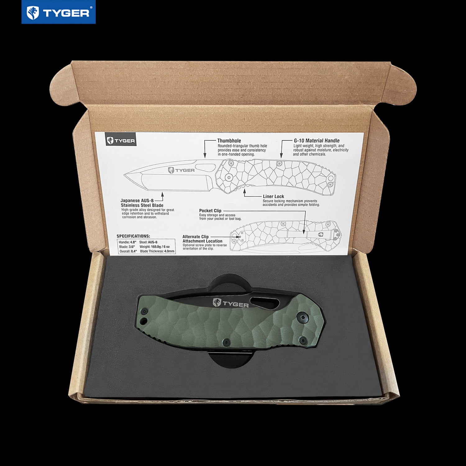 Tyger K4 EDC Folding Pocket Knife | Stone-washed AUS-8 Steel Blade with Black Titanium Ion Carbide Coating | Green G-10 Handle | TG-KF7A2368
