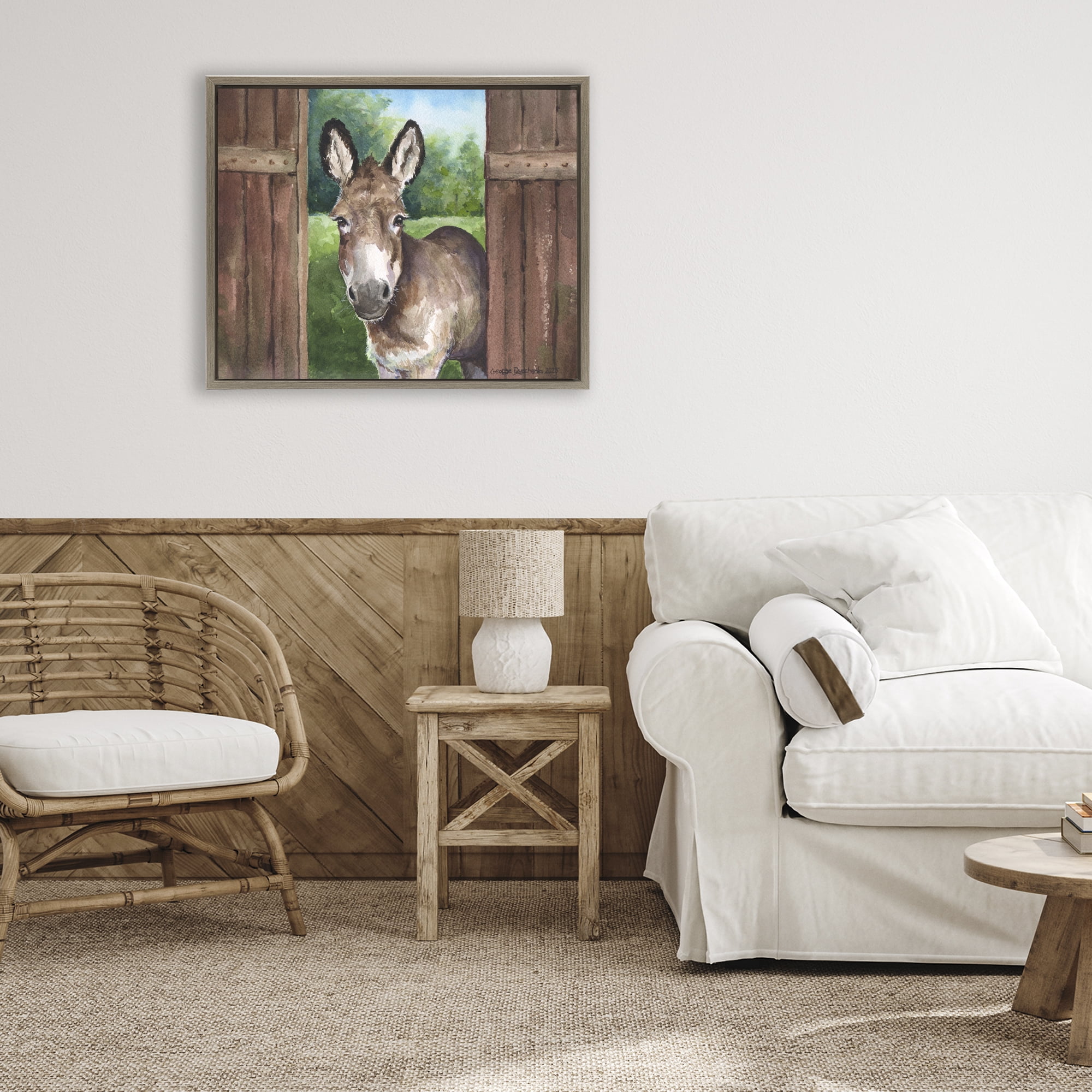 Stupell Industries Donkey in Wooden Gate Brown Framed Floater Canvas Wall Art, design by George Dyachenko