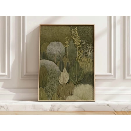 Vintage Green Forest Botanical Art Olive Green And Cream Nature Living Room Wall Art Unframed Paper Print