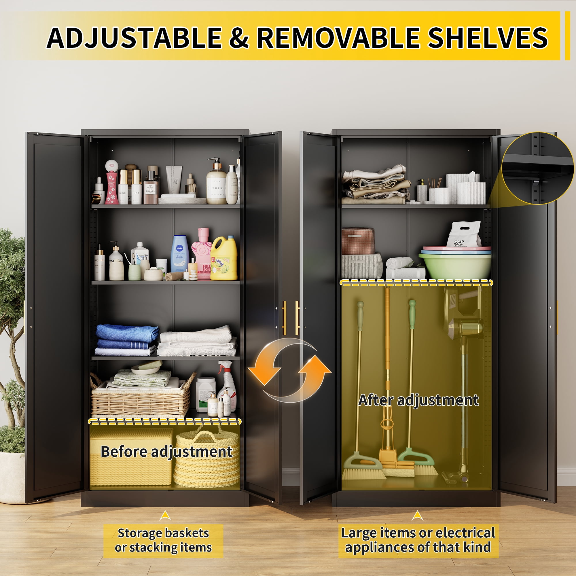 Metal Kitchen Pantry Cabinet, 71"H x 28"W x 14"D Cabinet with 2 Doors and 4 Adjustable Shelves, Kitchen Pantry Storage Cabinet, Metal Pantry Cabinet for Kitchen, Dining Room, Living Room-Black