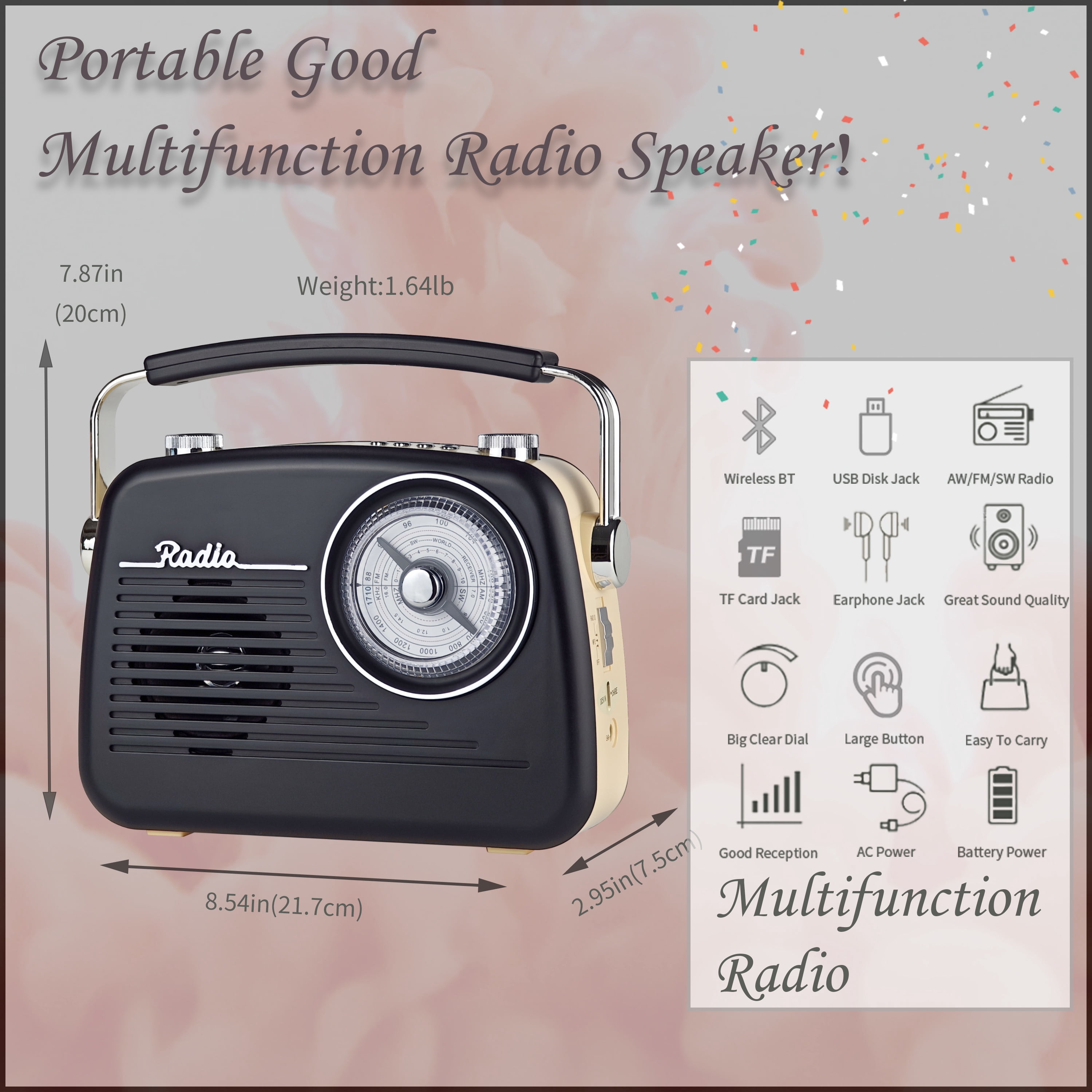 Portable AM FM Shortwave Vintage Radio Multifunctional Bluetooth Speaker 4 Power Options 5W Speaker TWS Stereo Plug-in Wall/Type-C Charging Emergency Radio for Home Outdoor Camping(Black)
