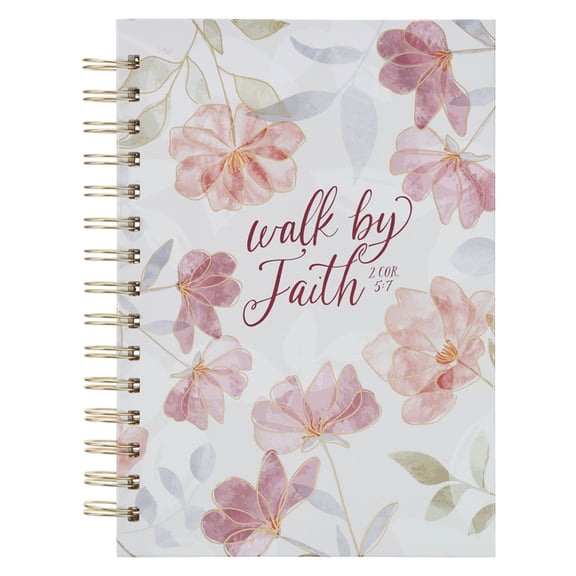 Christian Art Gifts Inspirational Journal, Walk by Faith Wide Ruled Notebook, 2 Corinthians 5:7 Bible Verse, Pink W/ Whi, (Spiral-Bound)