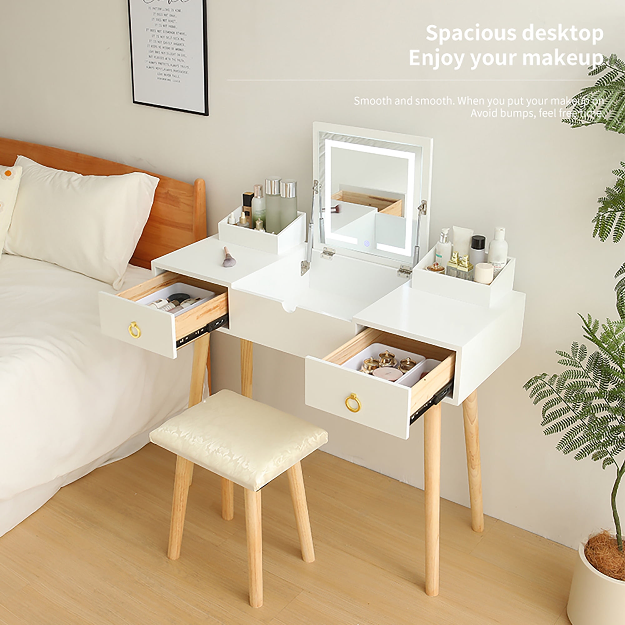 Vanity Desk Set with LED Lighted Mirror Power Outlet, Flip Top Makeup Vanity Table with Drawers Cabinet, for Bedroom, Bathroom