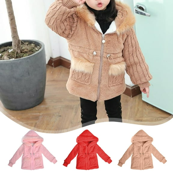 Zwiiyzr 2024 1-4T Girls Winter Furry Fleece Coats Sweater Patchwork Hooded Faux Fur Warm Jacket Hoodies Outwear Khaki