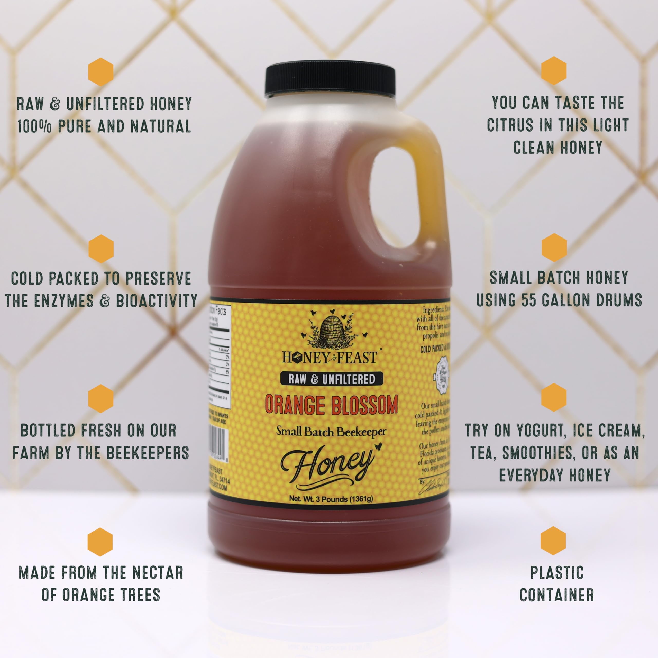 HONEY FEAST Raw Orange Blossom Honey 3 Pounds (Pack of 4), Unfiltered & Pure – Fresh Florida Superfood from American Organic Floral Sources