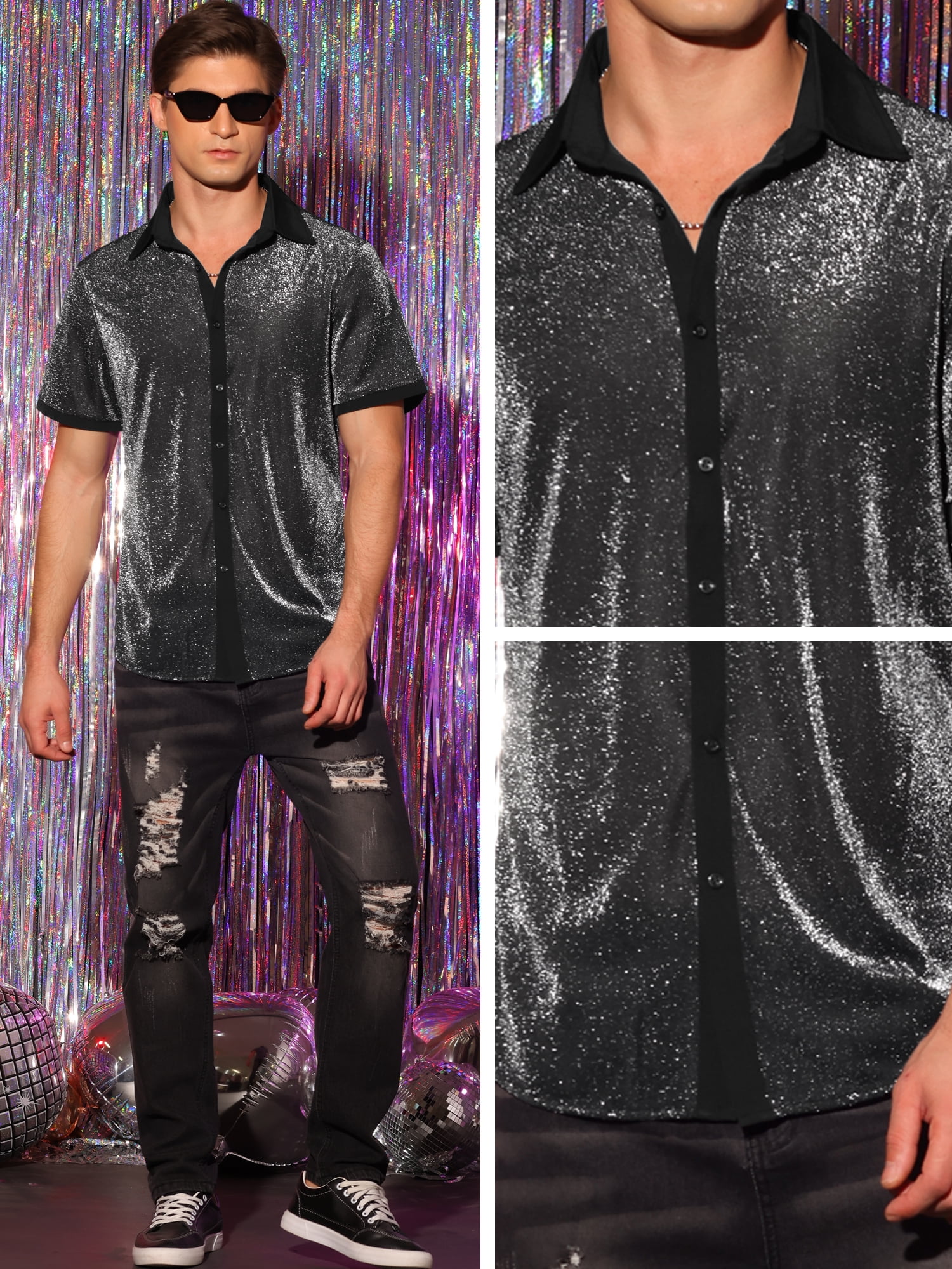 DARING DIVA Men's Metallic See Through Short Sleeves Disco Shiny Sheer Shirts M Silver