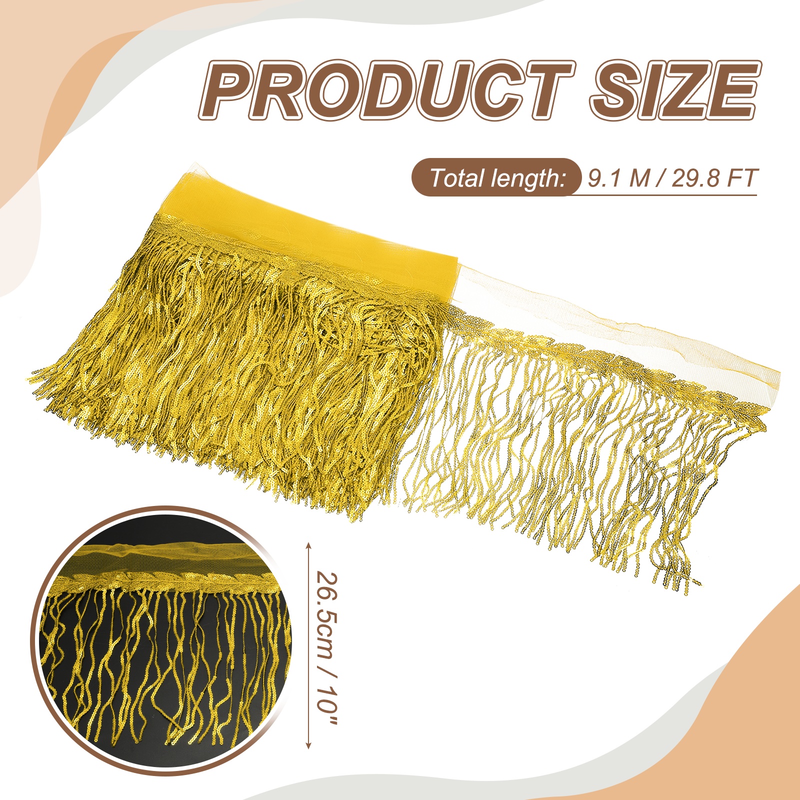 Uxcell 10 Yards 10 Inch Shiny Sequined Tinsel Fringe Trim, Sparkling Spangle Curtain Fringe Paillette Lace Fabric Streamer for DIY Latin Dance Costume Clothing Birthday, Yellow