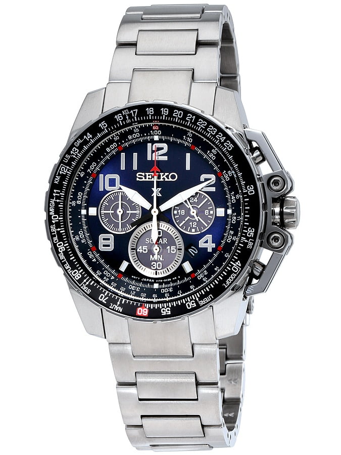 Seiko Men's Navy Dial Stainless Steel Chronograph Solar Watch SSC275 ...