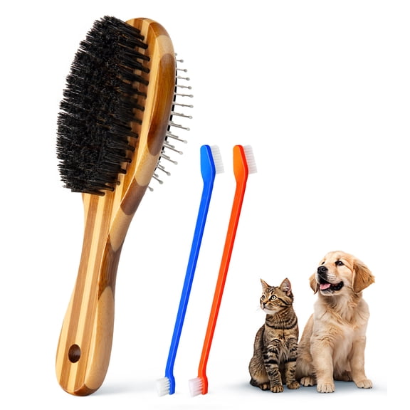 InnOrca Double-Sided Deshedding Bristle Dog & Cat Grooming Brush with 2 Toothbrushes