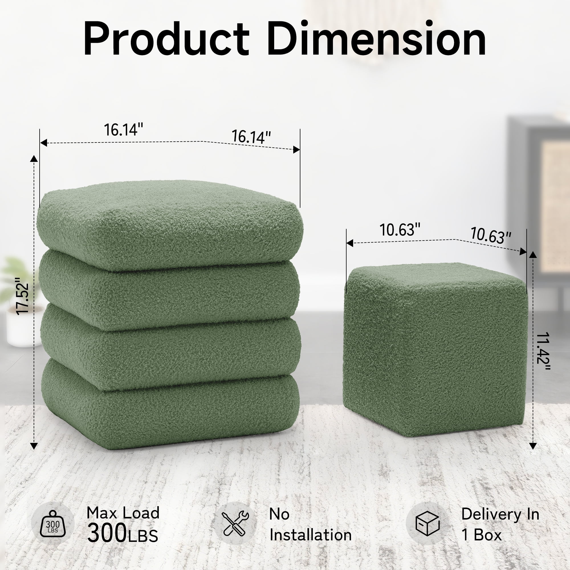 Korser Square Ottoman with Storage Set of 2,Upholstered Teddy Vanity Stool for Living Room,Bedroom,Green