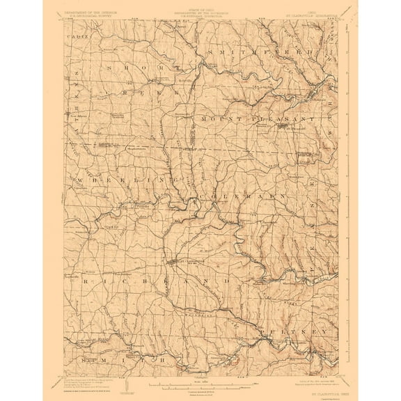 Topographical Map - St Clairsville Ohio Quad - USGS 1905 - Vintage Wall Art