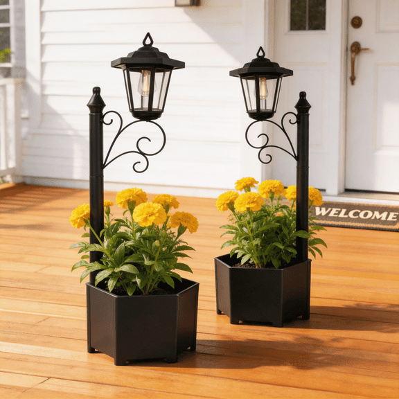 DJGIFI 2-Pack Solar Lamp Post Light with Planter, Solar Powered Outdoor Floor Lamp, Waterproof 3000K Warm White, 29.5in Tall, Black