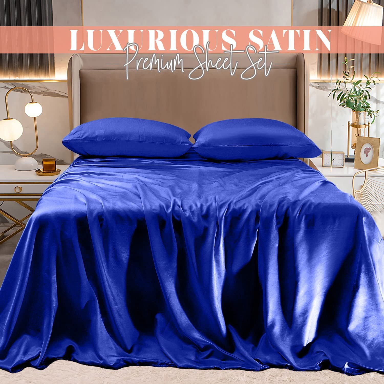 Elegant Comfort Luxurious 4-Piece Silky Satin Sheet Set, Skin and Hair Friendly, Wrinkle, Fade, Stain Resistant with Deep Pockets Fitted Sheet, Cooling Soft Satin Sheet Set, Twin, Royal Blue