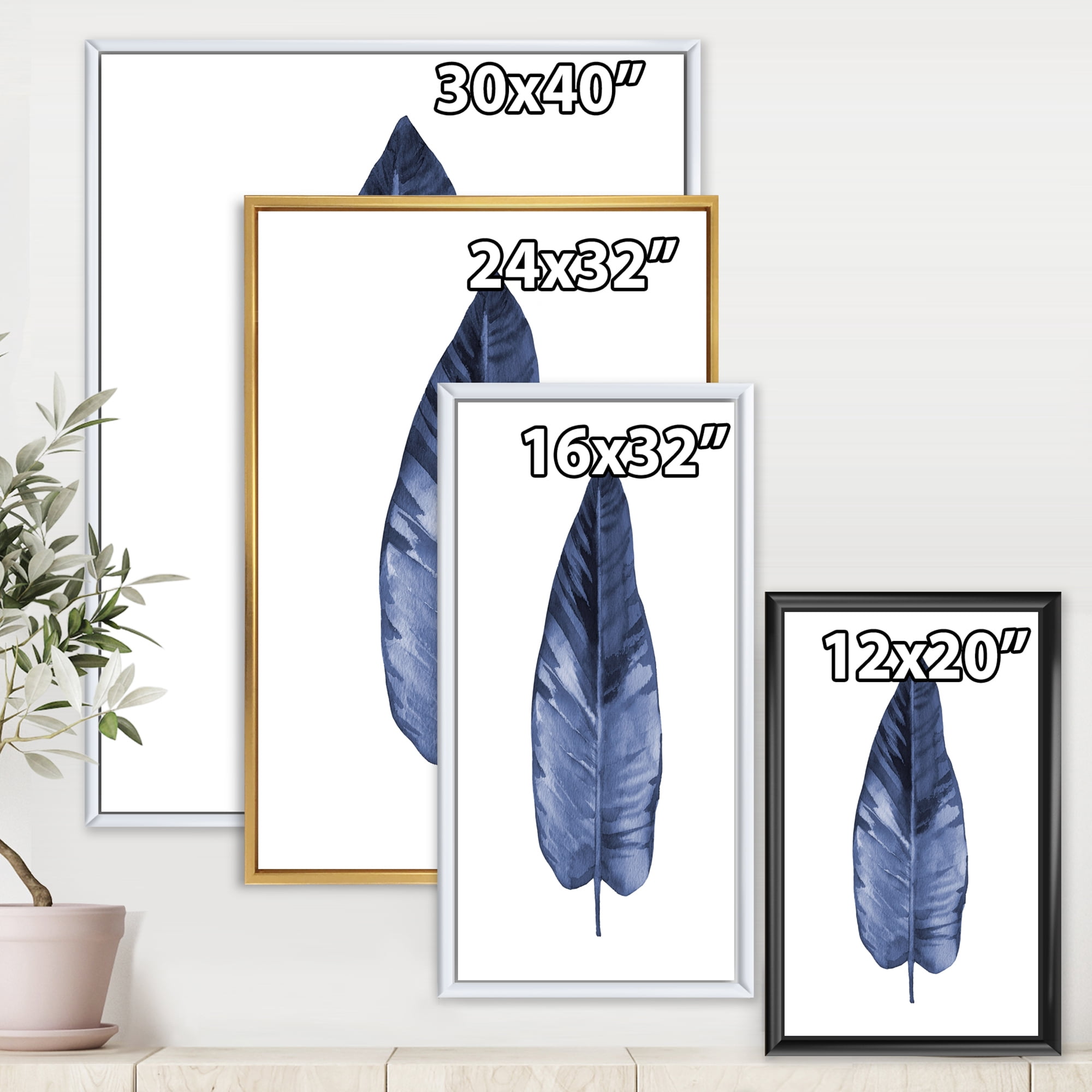 Designart 'Blue Leaf Watercolour On White Background' Traditional Framed Canvas Wall Art Print