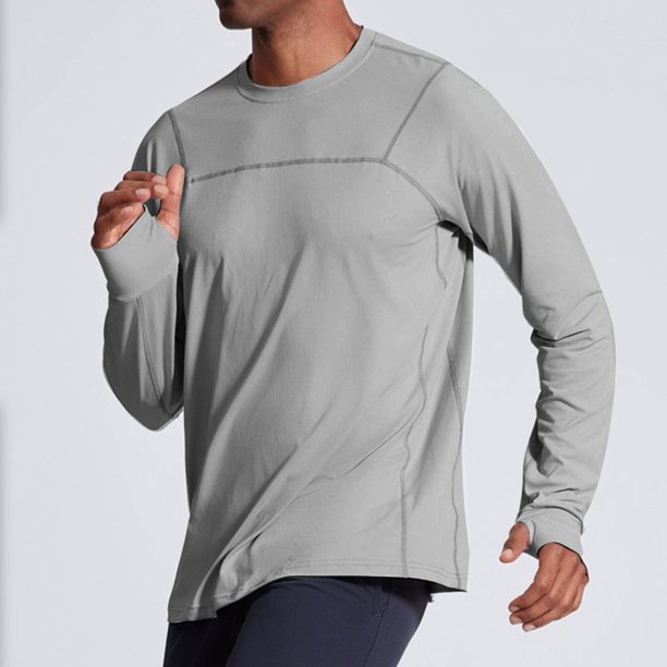 Blusas y camisas de manga larga con cuello redondo para hombre, de color liso, para entrenamiento físico, con protección solar, elásticas, con bolsillo y cremallera para exteriores, top de manga larga