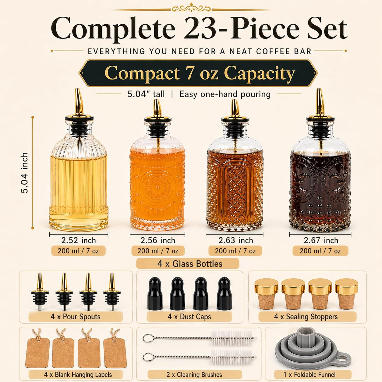 Syrup Dispenser Bottles Set Of 4  Simple Bottle For Coffee Bar Accessories 7 Oz Glass Containers Maple Honey Oil With Metal Pour Spouts & Labels