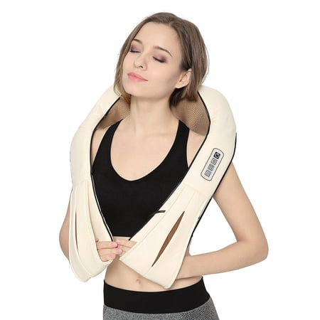 Nekteck Shiatsu Deep Kneading Massage Pillow with Heat, Car/Office Chair Massager, Neck, Shoulder, Back, Waist Massager Pillow [Speed Control, Bi-Direction Control] – Beige