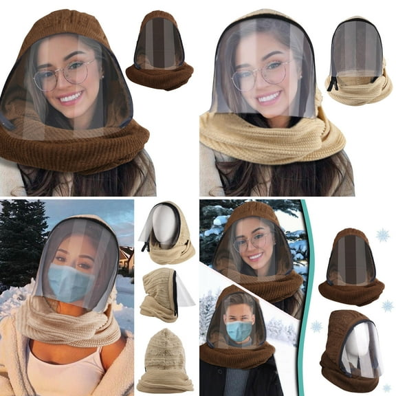Zhaomeidaxi One-piece Transparent Face Mask, Scarf, Clamshell Style, Thick Windproof and Warmth, Knitted Soft Hat and Scarf Conjoined Brown 2Pcs