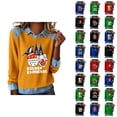 thumbnail image 1 of Mardi Gras Hauts à Manches Longues pour Femmes 2026 Mode Denim Patchwork Col à Revers Chandail en Molleton Graphique, 1 of 2