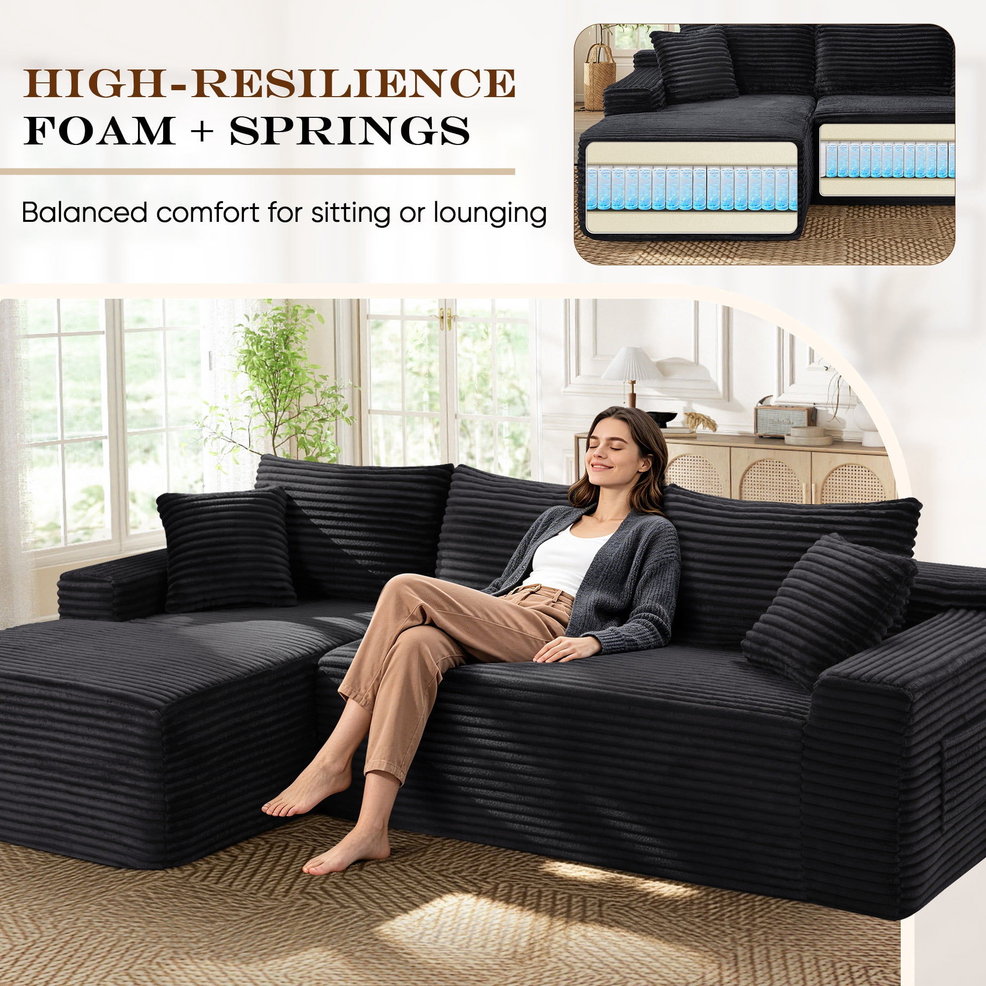 Lunale Small Modular Sectional Sofa with Movable Chaise, L-Shaped Boneless Cloud Couch for Living Room, Black (Left Facing Chaise)