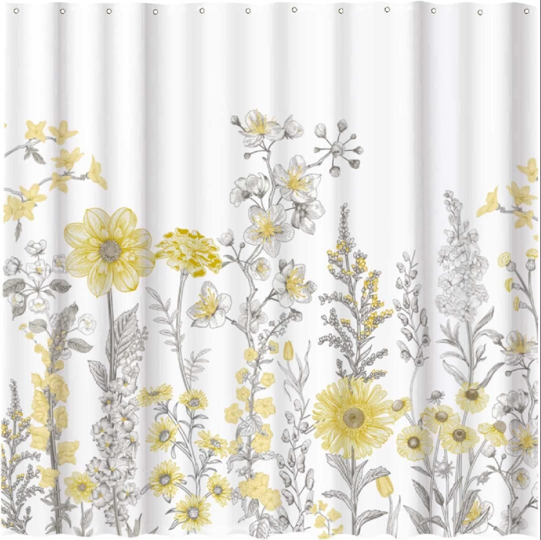 Yellow and Gray Floral Shower Curtain for Bathroom Set Elegant