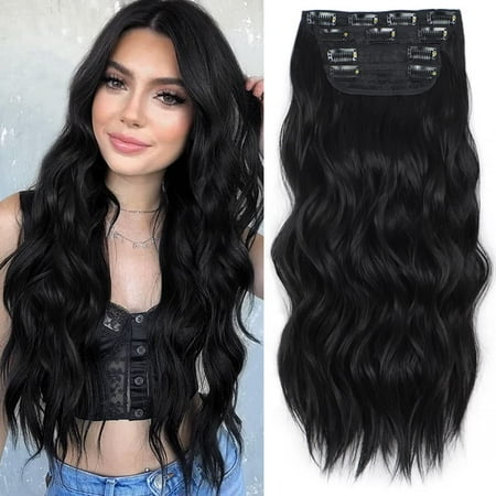 Clip in Long Wavy Synthetic Hair Extension 24 Inch Black 4PCS Thick Hairpieces Fiber Double Weft Hair for Women