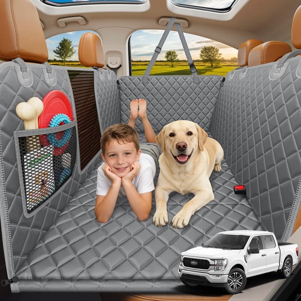 Backseat Extender for Dogs - Hard Bottom Dog Car Seat Cover for Back Seat, Dog Hammock for Car and SUV, Pet Rear Seat Protector Dogs Travel Bed with Mesh Window & Side Flaps