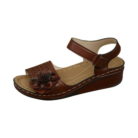 

Funicet Womens Sandals Women s New Plus-size Hollowed-out Flower Platform One-line Buckle Wedge Sandals Brown 37