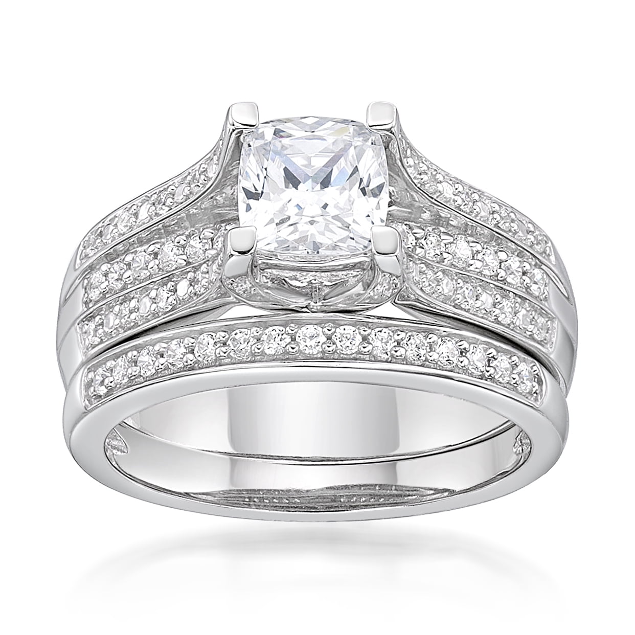 Jay Heart Designs 925 Sterling Silver Simulated White Diamond Cushion Bridal Engagement Ring Set