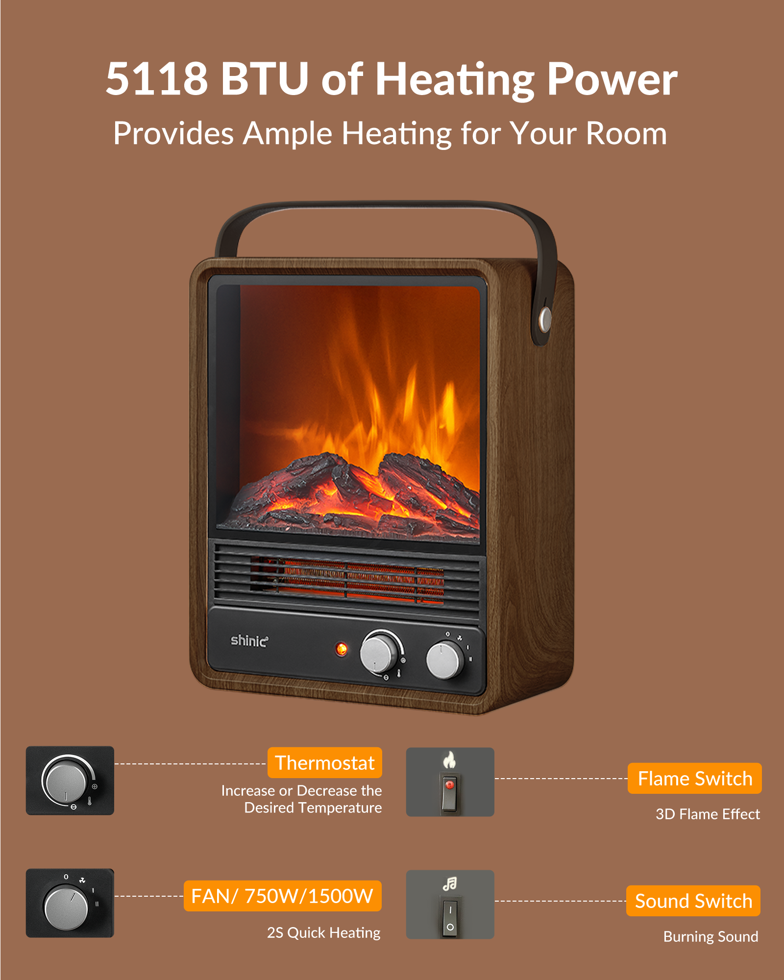 Shinic 1500W  Electric Portable Fireplace Heater, with Realistic Flame & Fire Crackling Sound, Walnut