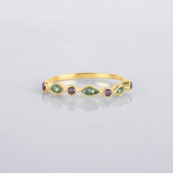 Marquise Moss Agate And Alexandrite Half Eternity Band Ring, 925 Starling Silver Lite Weight Handmade Ring, Minimalist Handmade Fine Jewelry Ring, Proposal Birthstone Ring, Anniversary Gift For Wife