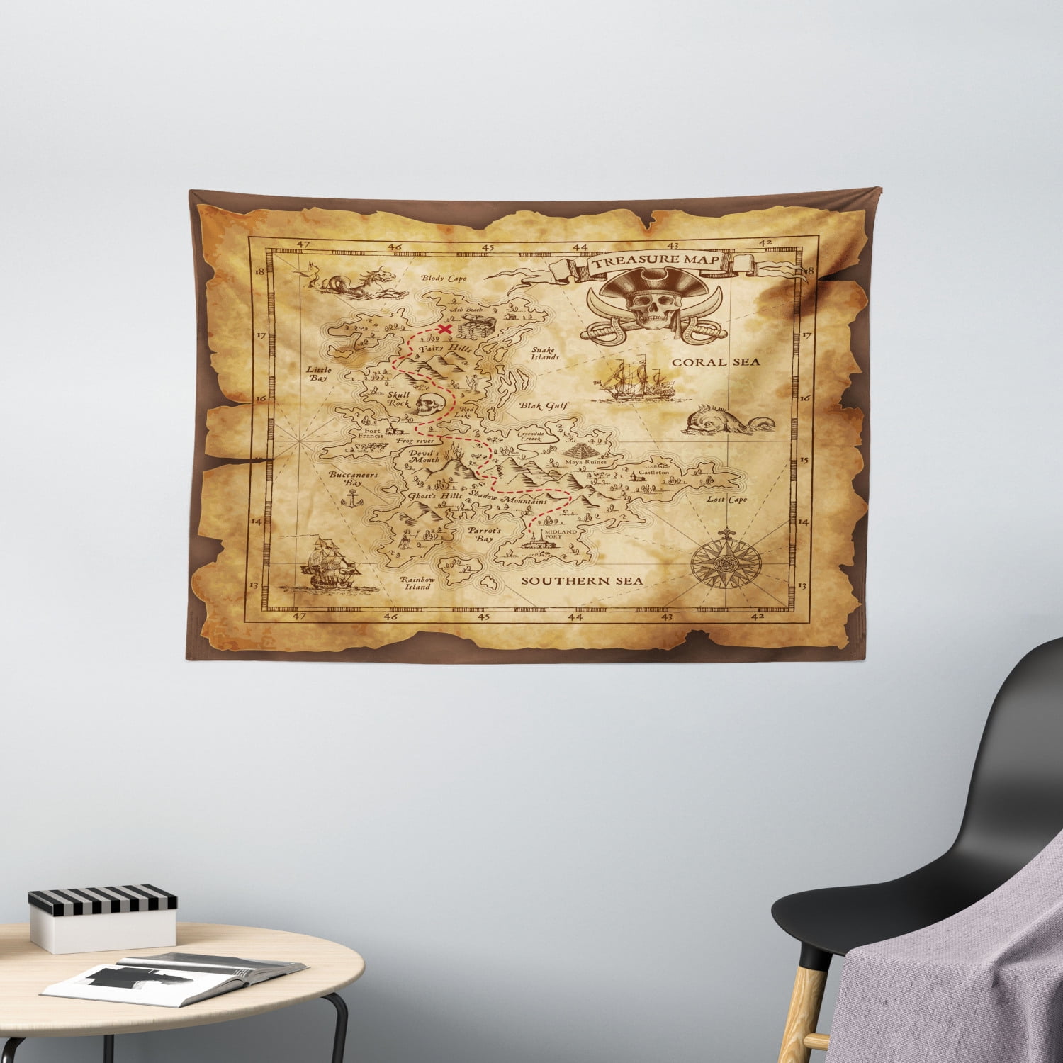 Island Map Decor Tapestry, Super Detailed Treasure Map Grungy Rustic ...