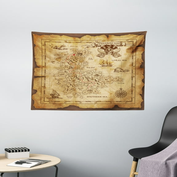Island Map Decor Tapestry, Super Detailed Treasure Map Grungy Rustic Pirates Gold Secret Sea Theme, Wall Hanging for Bedroom Living Room Dorm Decor, 60W X 40L Inches, Beige Brown, by Ambesonne