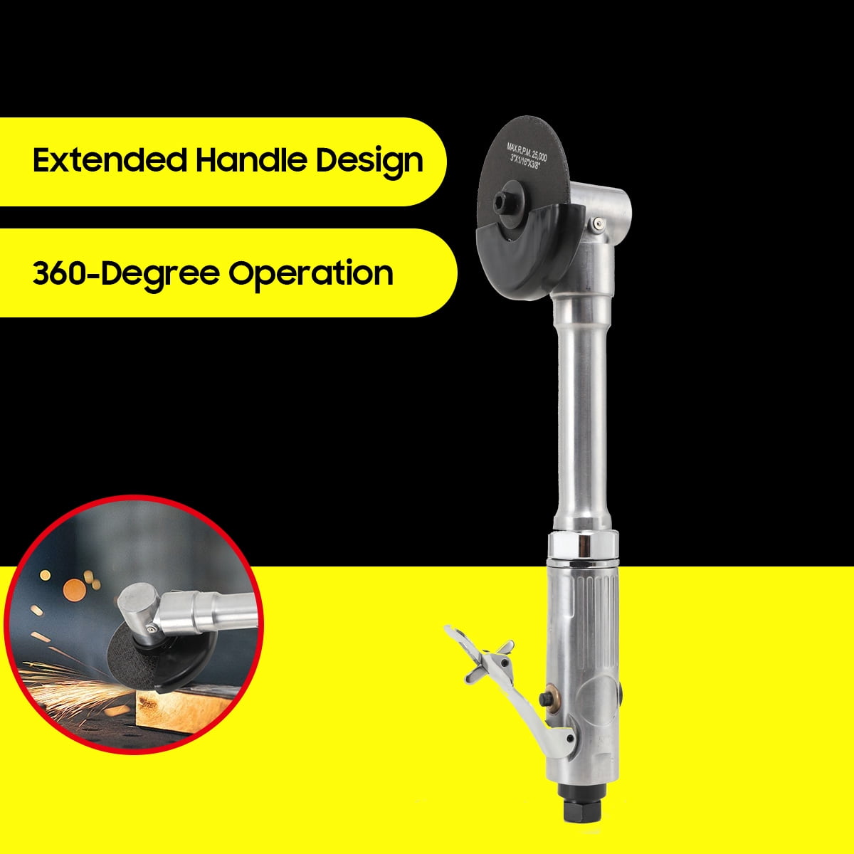 ECUTEE 1/4" Air Grinder, Air ‎Right Angle Die Grinder, Air Angle Edge Die Grinder Cutter Polisher Air Tool with Long Handle Safety Cover, 90PSI 18000RPM Long Handle Cutting Machine