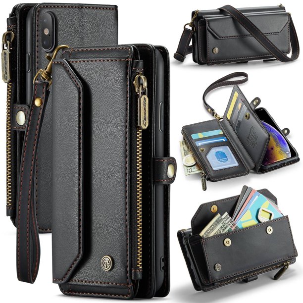 Bandolera para iPhone X XS Cartera【Bloqueo RFID】con Ranura para Billetes con Cremallera y 7 Tarjeteros, Correa Magnética para Hombro y Muñeca de Cuero PU Suave para iPhone X XS Cartera para Mujer
