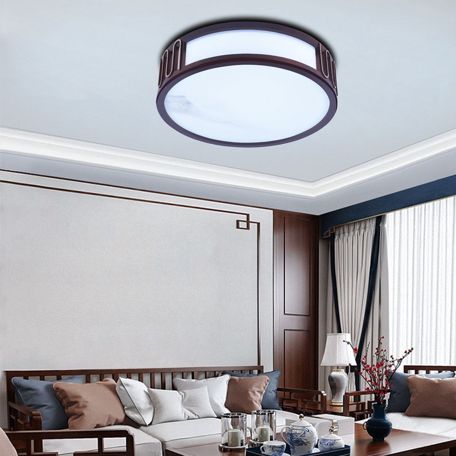Ceiling Light Minimalist Wood Flush Mount Ceiling Light Fixture w/ Lampshade W/o Bulb for Living Rooms