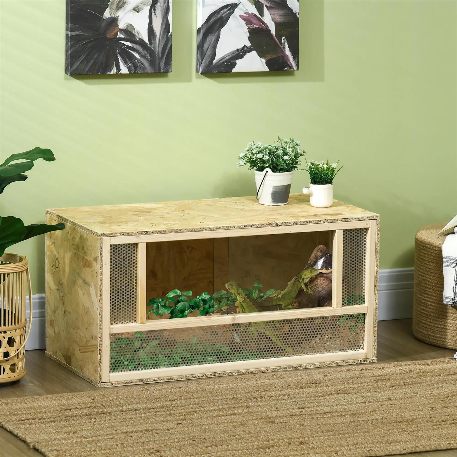 Pefilos 31" Wooden Tortoise House, Large Reptile Terrarium Cage with Sliding Door, Indoor Turtle Habitat Enclosure for Chameleon, Lizard, Snake, Frog, Beige