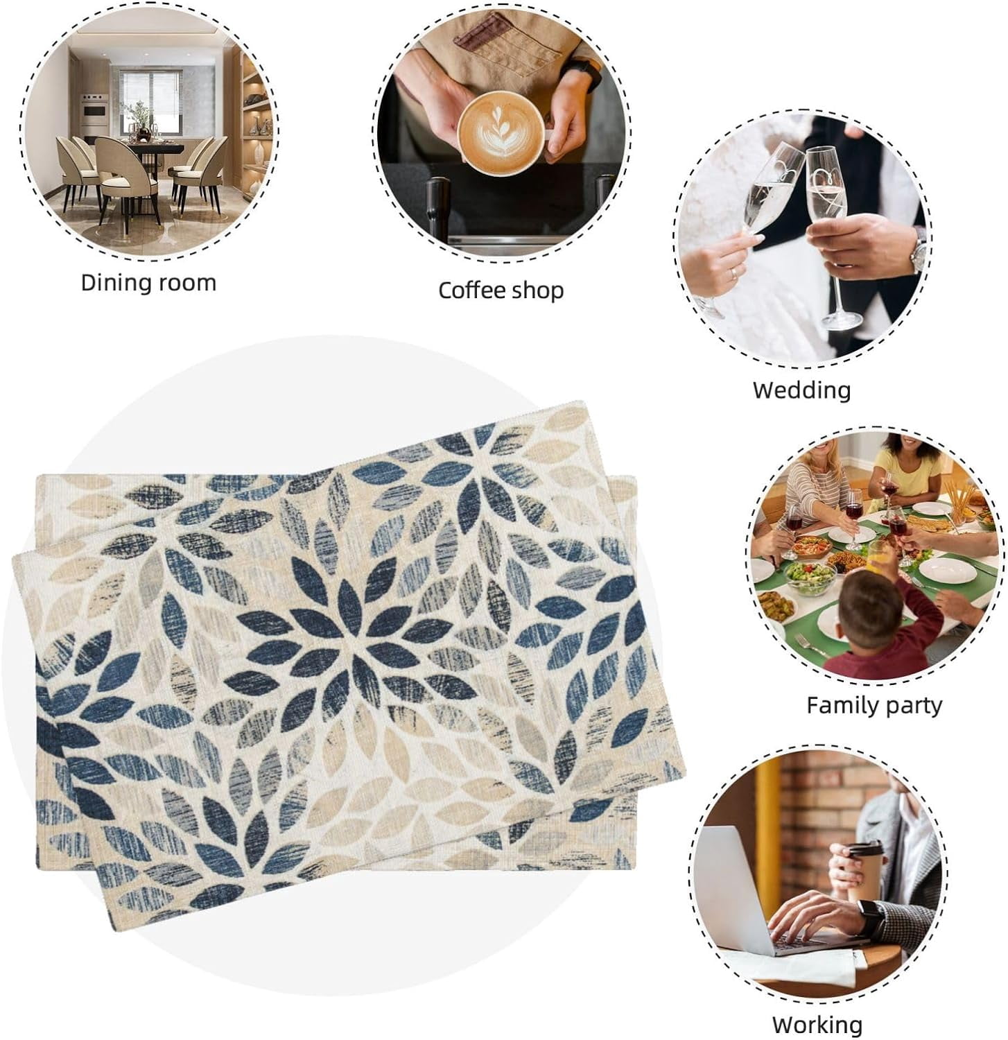 Blue Floral Linen Placemats Set Of 4 - 12x18 Inch Kitchen Table Mats, Heat Resistant & Washable For Home Decor Or Gift