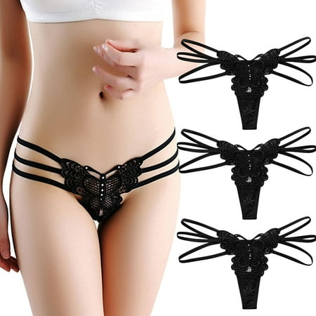 

QYZEU Lace Thong Underwear Women 3 Pcs Panties Low Waist Ribbon Transparent Lace Panties Hollow Bow Thong