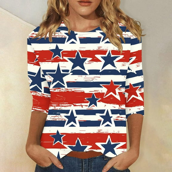 Qetyuw Women's Independence Day Shirts Summer Patriotic USA Flag Pattern Tshirts Elegant 3/4 Sleeve Tees Beach Round Neck Blouses Tops Summer Tops for Women 2024
