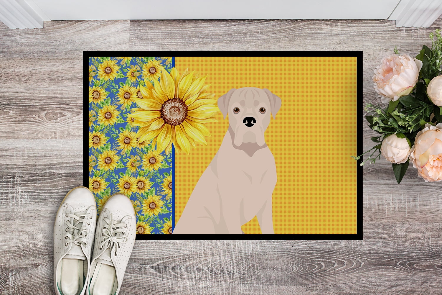 Summer Sunflowers Natural Eared White Boxer Indoor or Outdoor Mat 18x27 27 in x 18 in