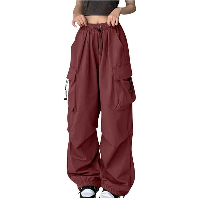 Yuyuzo Cargo Pants for Women High Waisted Elastic Drawstring Wide Leg Straight Lightweight Pants with Pockets