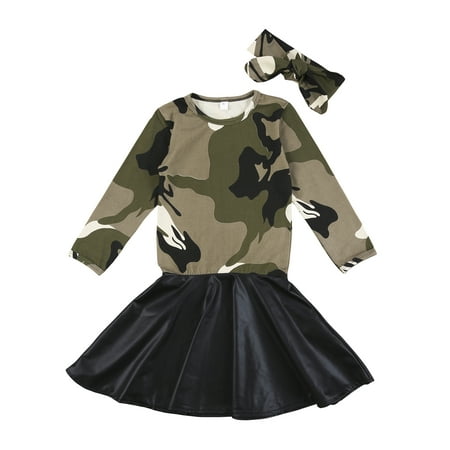 

Toddler Girls PU Kids Baby Camouflage Tops Dress Outfit Clothes