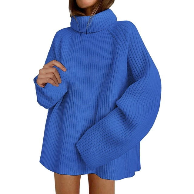 IMENGL Winter oversized turtleneck chunky sweater, Blue XL, Size M-XL