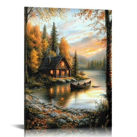 GooTPa  Serene Landscape with Cozy Cabin and Autumn Foliage Canvas Wall Art, Canvas Prints Wall Art for Living Room Bathroom Bedroom Office, Art Print Painting for Home Decorations - 12x16in