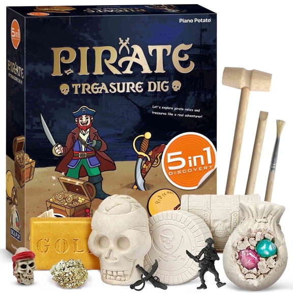 Piano Potato 5-in-1 Pirate Treasure Dig Kit, STEM Archeology Excavation Set for Kids Ages 6 , Includes Real Gems & Fossils, Educational Adventure Gift for Boys & Girls