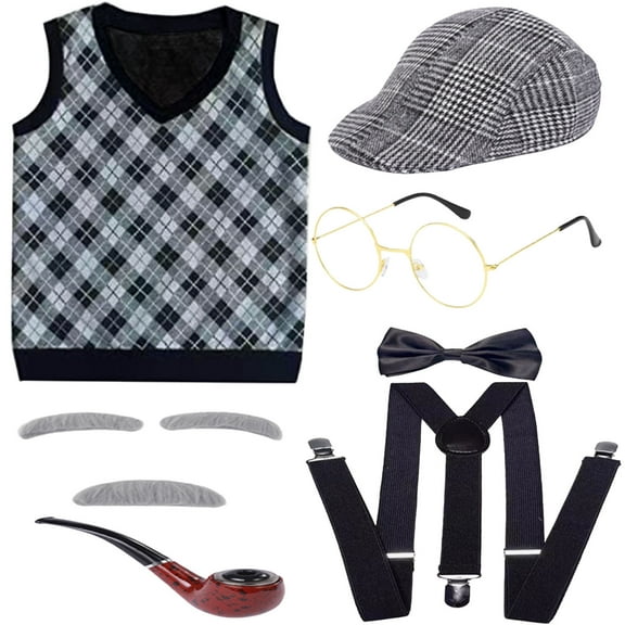 BOOMNY Baby Boys Old Man Dress Up Stage Performance Outfits for Kids Old Man Shaped Sleeveless Plaid Vest Accessories Party Club Clothing for Child