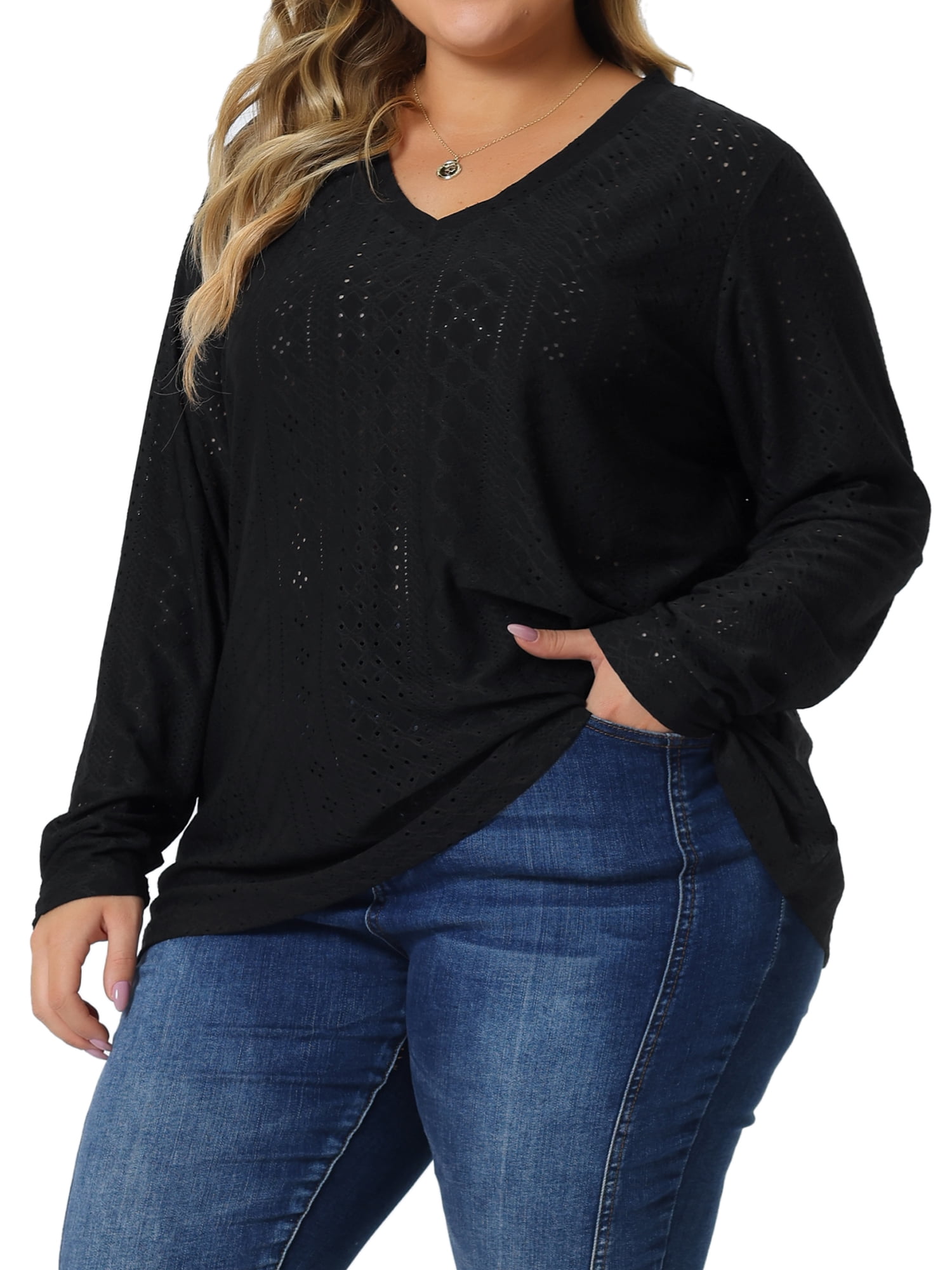 Unique Bargains Women's Plus Size V Neck Long Sleeve Hollow Blouse Tunic Tops 4X Black