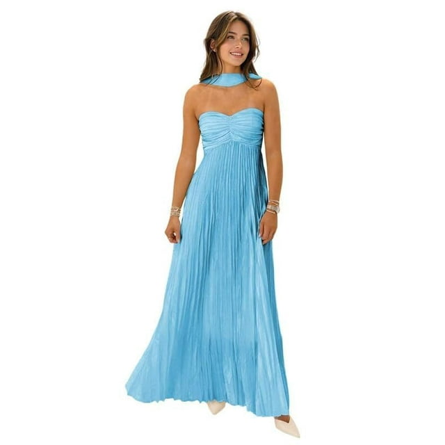 Vestido de dama de honor KMQSY azul cielo de chifón largo sin tirantes 2025