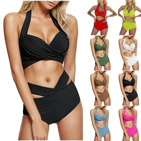 NXMZXB Womens Tummy Control Bathing Suits Ruched Twist Front V Neck Modest High Waisted Bikini Sets Cute Halter 2 Piece Swim Suit 2025(M Nylon Spandex)